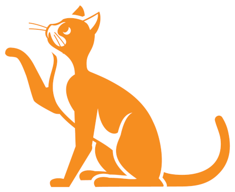 Orange and white illustration of a cat sitting with right front paw reaching